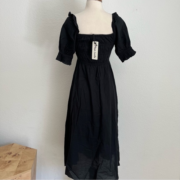 Playa Lucila Romantic Poplin Black Smocked Short Sleeve Midi Puff Sleeve Dress - Picture 4 of 10